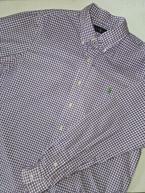 Ralph Lauren 100% cotton purple and white gingham button up size large EUC